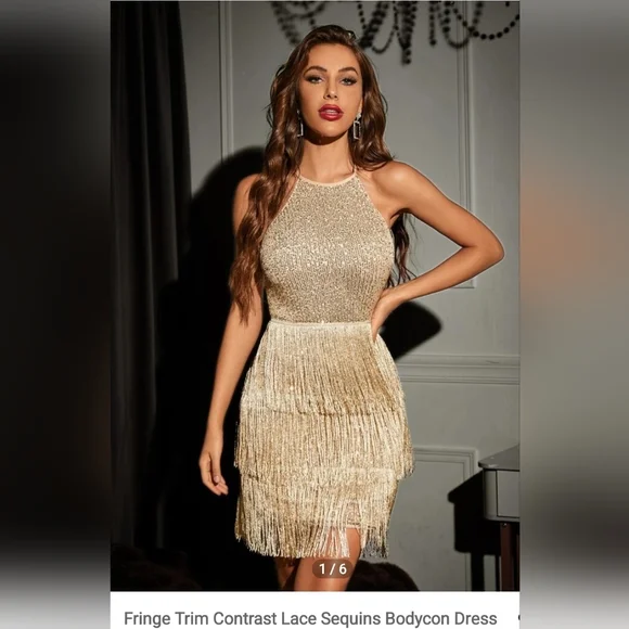 SHEIN Dresses Fringe Trim Gold Sequin Bodycon Dress Poshmark